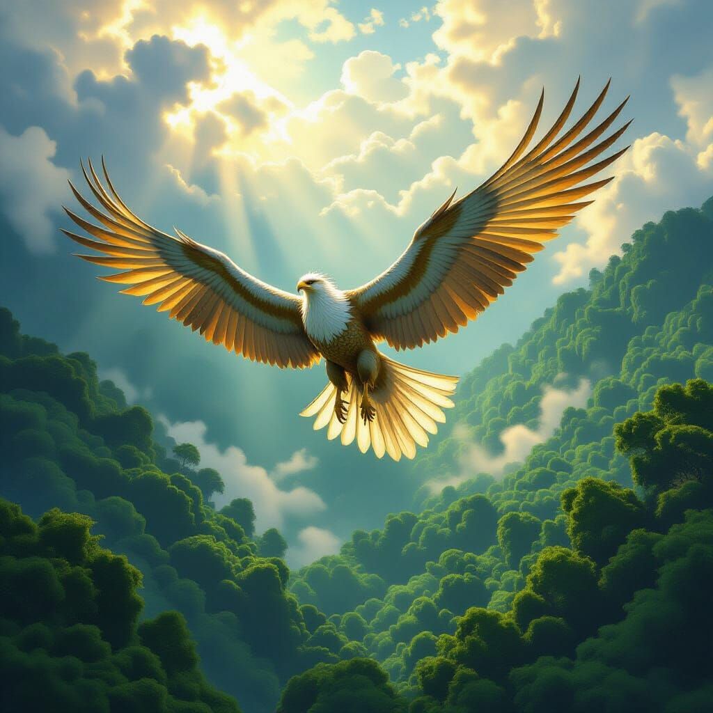 Majestic Griffin Soars Over Emerald Forest Canopy