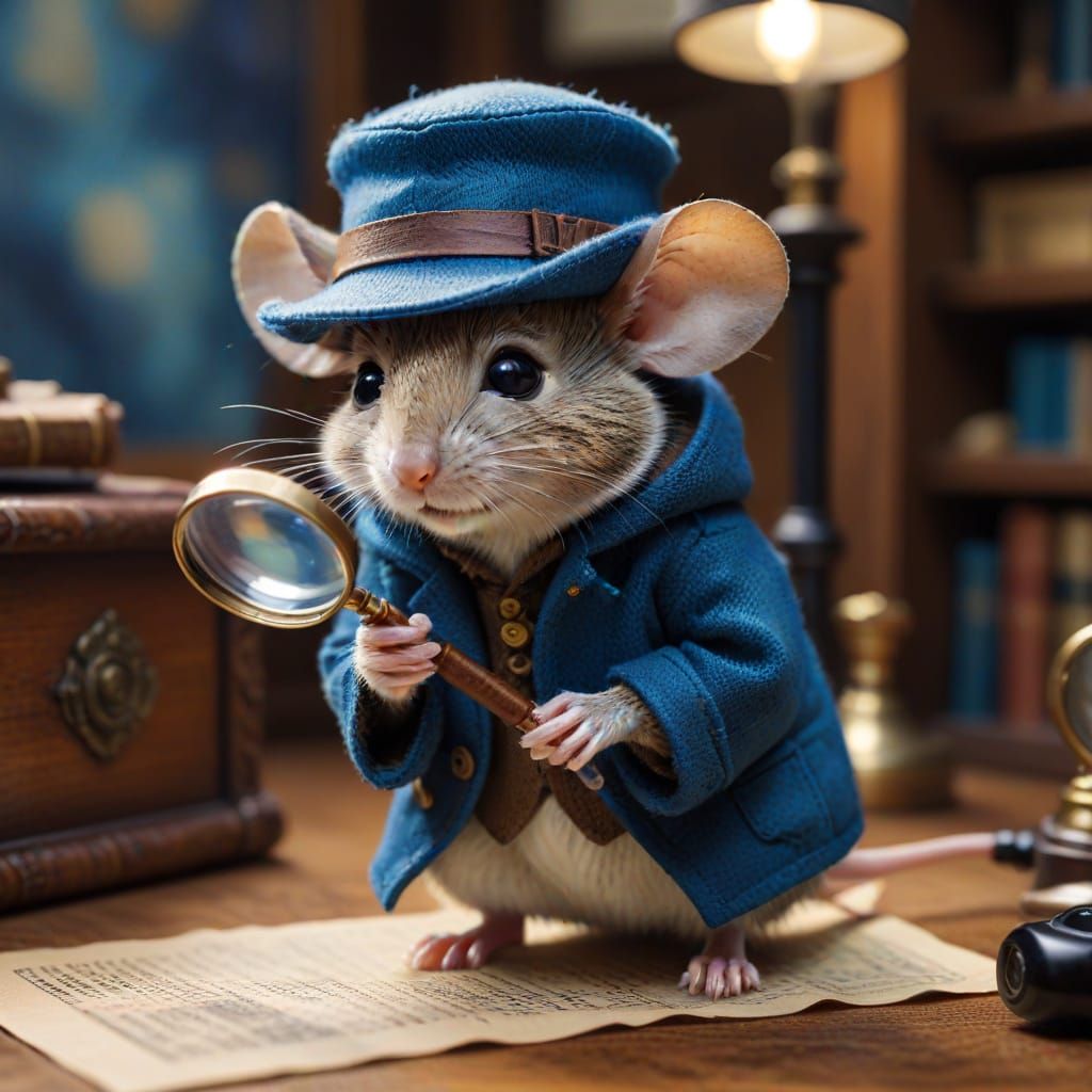 Whimsical Mouse Detective Examines Clue in Cozy Office