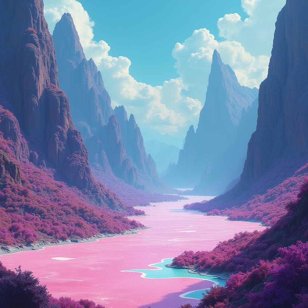 Surreal Futuristic Planet with Teal Mountains and Purple For...