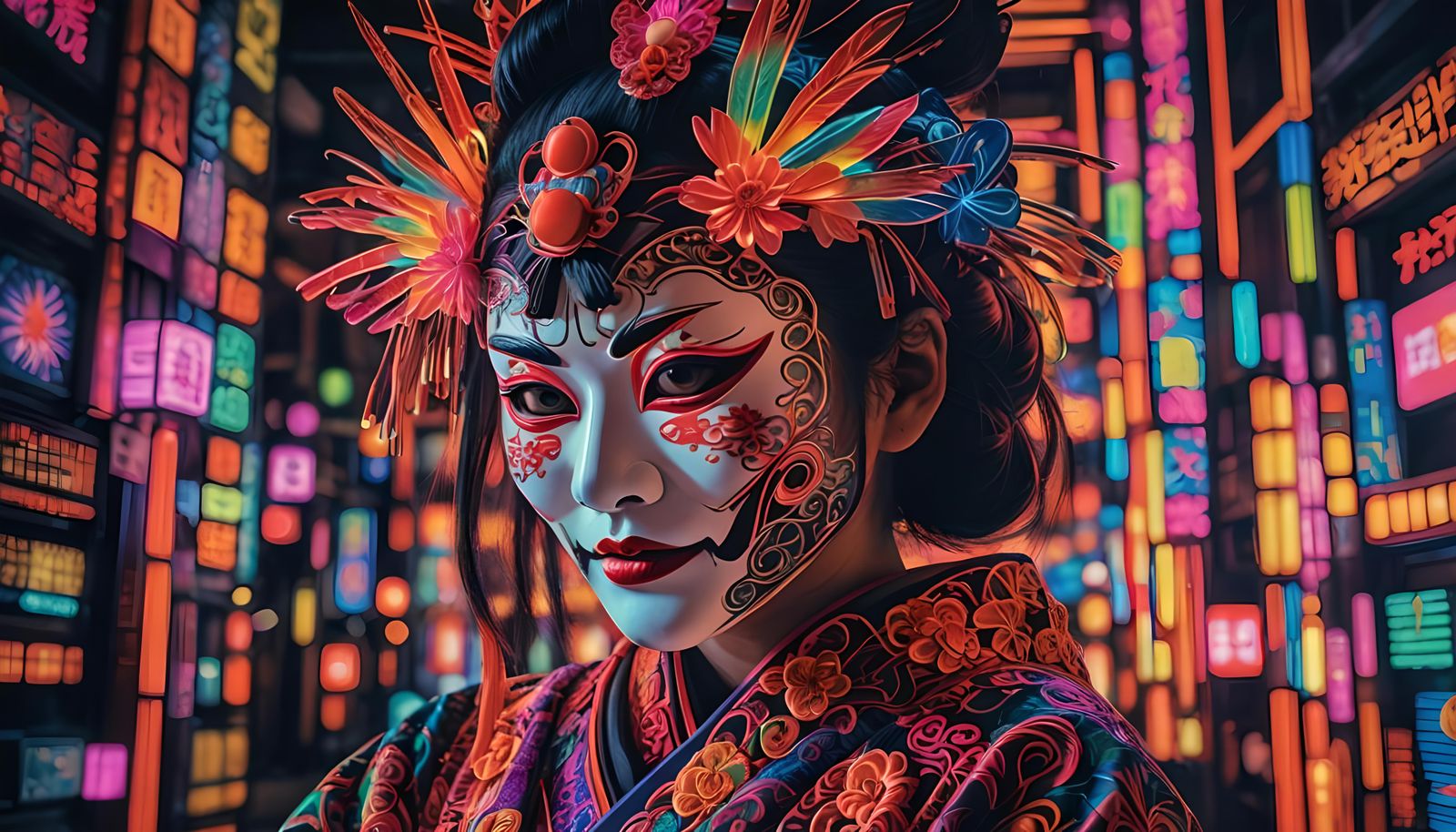 Neon Noh Mask and Wedding Gown in Cathedral