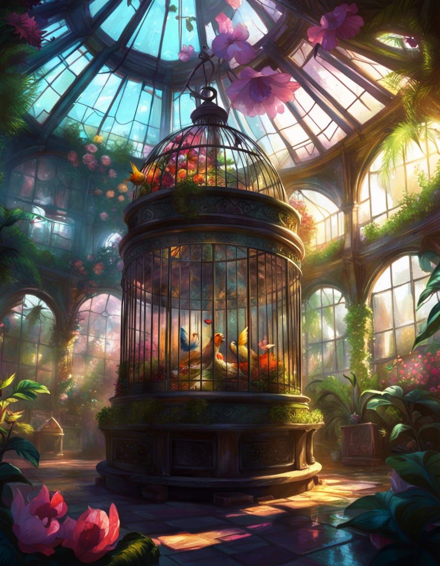 Magical Birdcage in Lush Fantasy Greenhouse