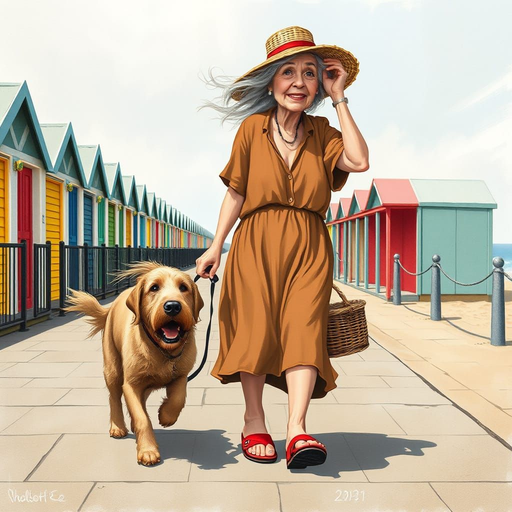 Whimsical Lady and Dog on Windy Promenade