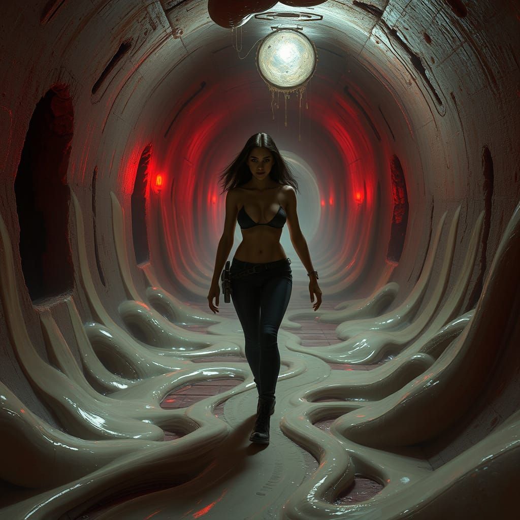 Eerie Corridor: Bare-Chested Woman's Cautious Journey