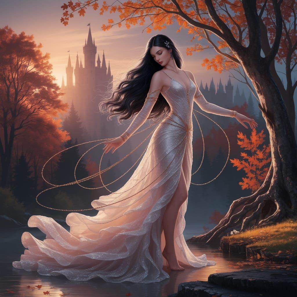 Ethereal Damsel Bound by Golden Chains in Autumnal Forest