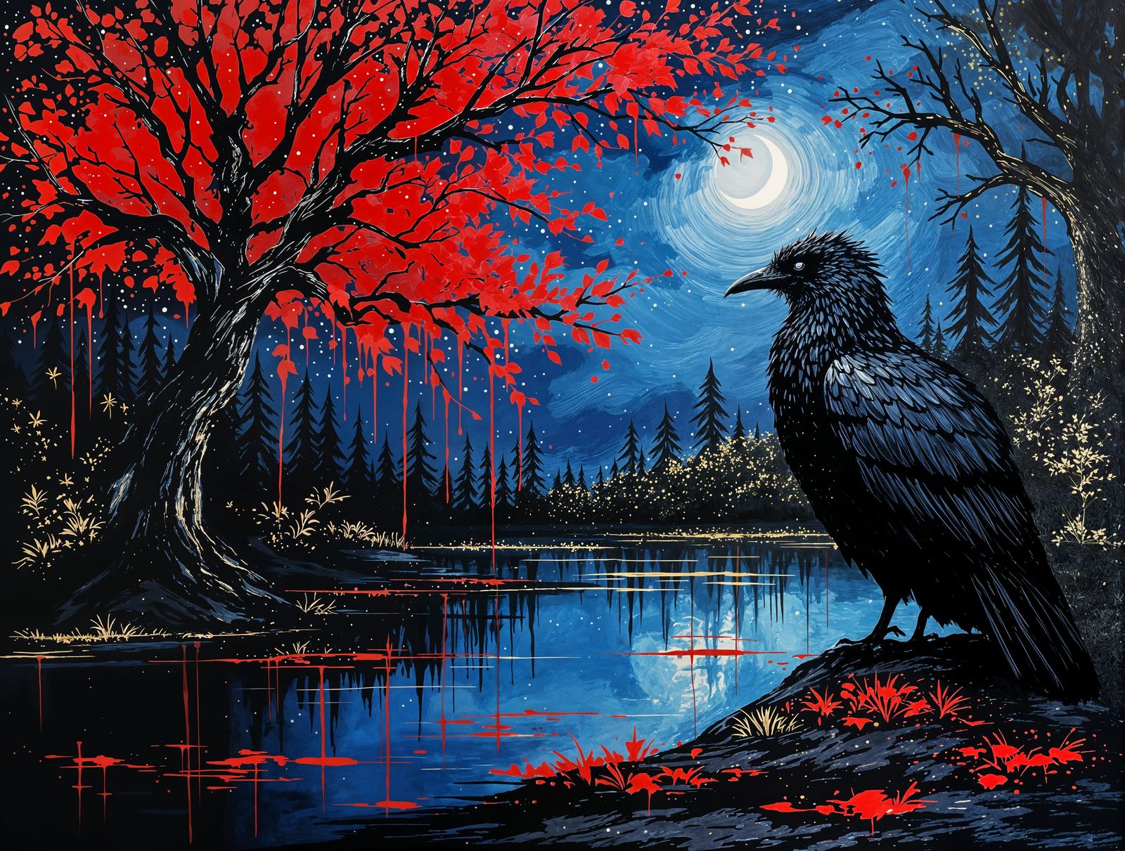 Ethereal Twilight Forest with Majestic Black Bird