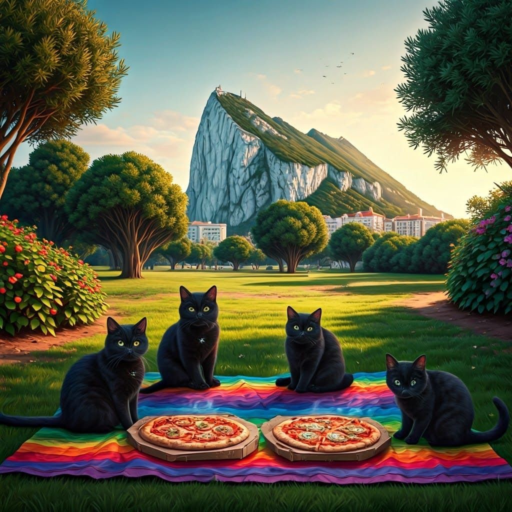 Black Cats Celebrate Adoption with Pizza, Digital Art