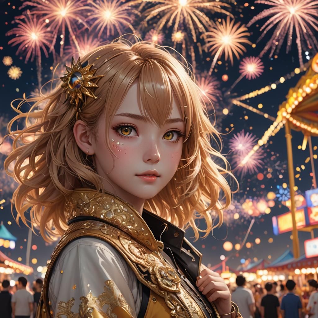 Anime Girl at Carnival with Fireworks