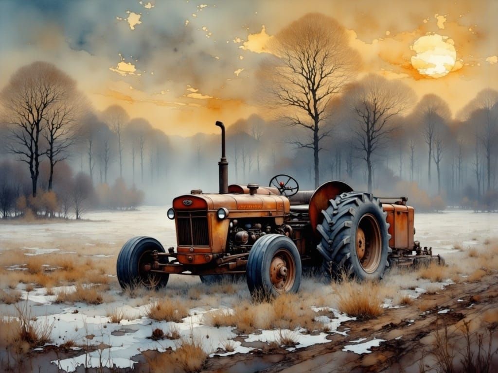 Tractor in Snowy Field: Surreal Watercolor Art