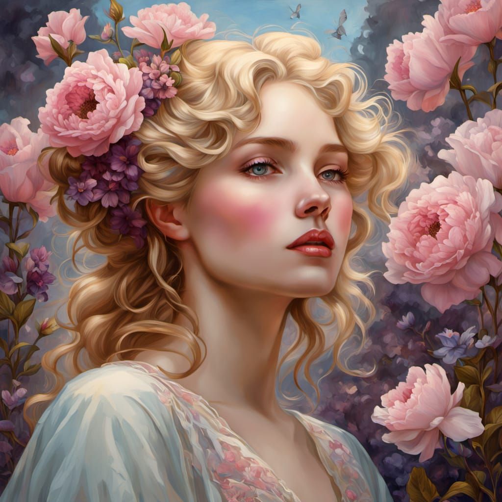 Blonde Woman Portrait in Field of Flowers, Art Nouveau