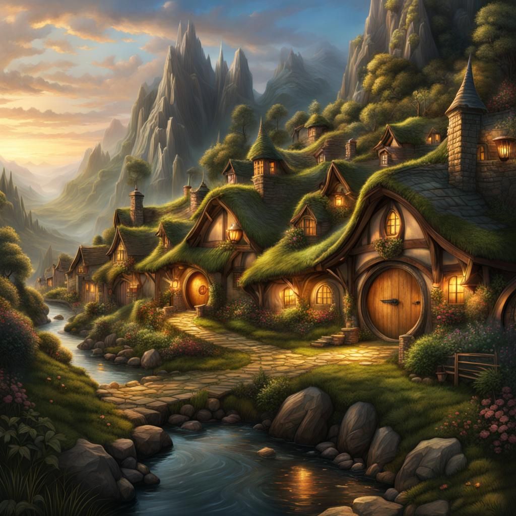 Detailed Hobbit Village Digital Illustration