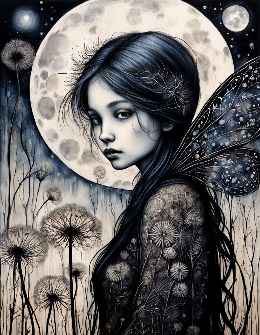 Ethereal Dandelion Fairy in Macabre Scratchboard Art