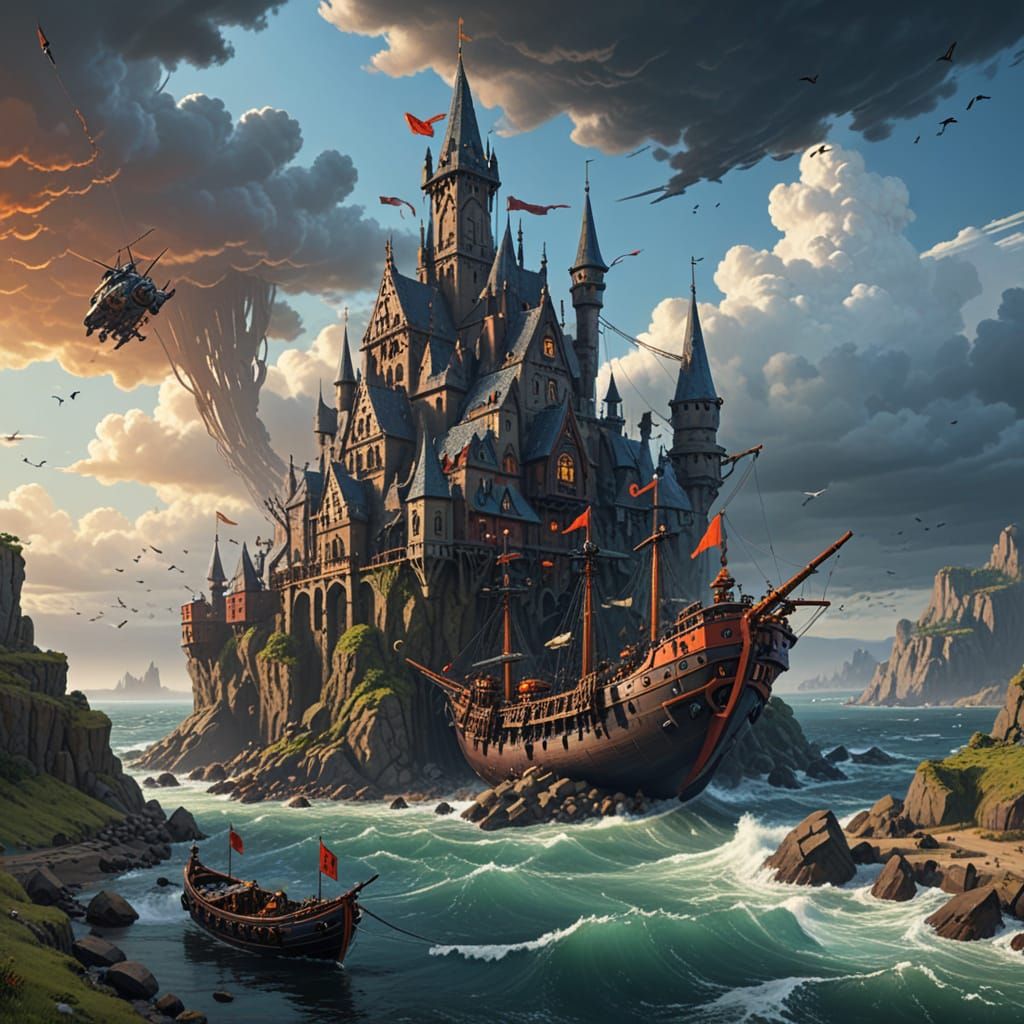 Medieval Lego City in a Stormy Bay with Majestic Sky Ship