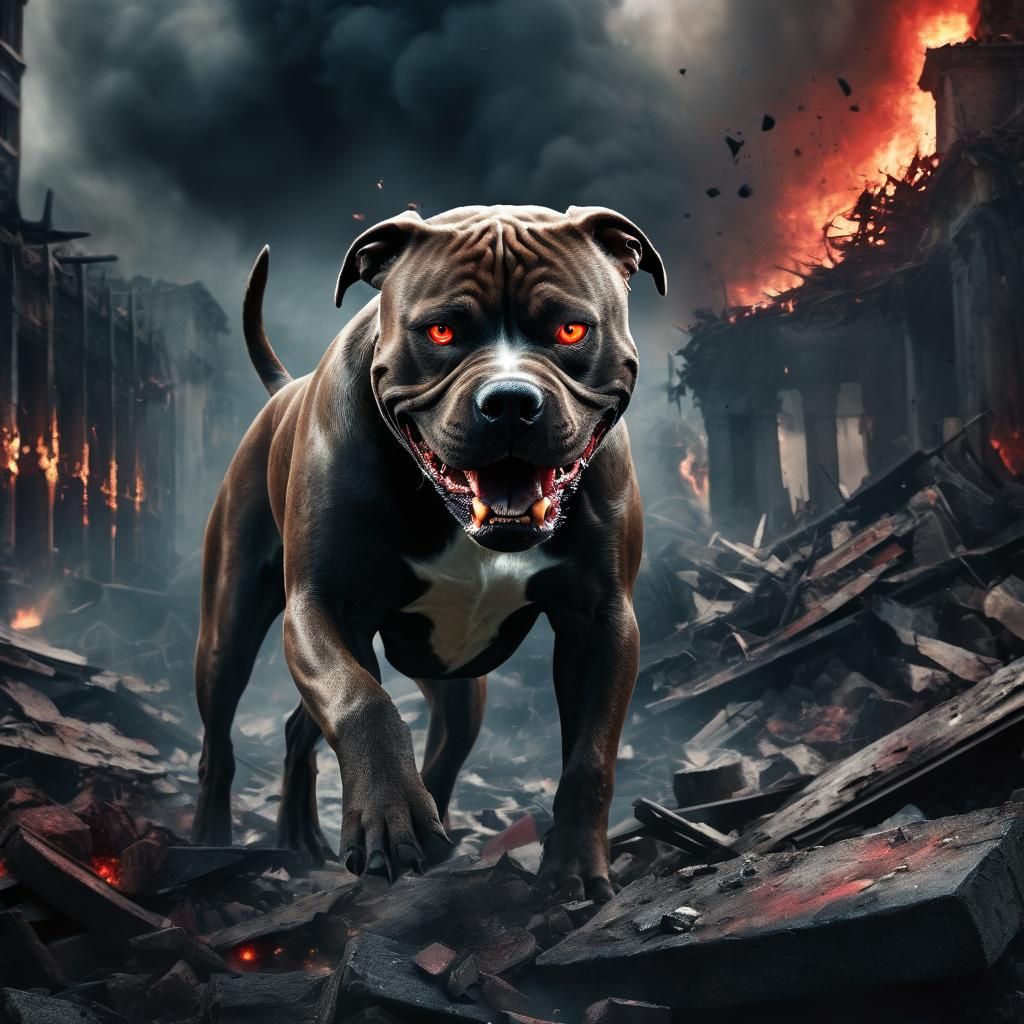 Angry Pitbull in Dark Fantasy Destruction Scene