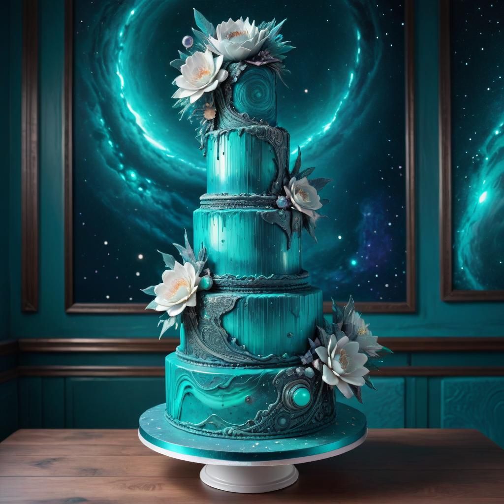 Cosmic Teal Wedding Cake: Hyperrealistic Astral Illustration