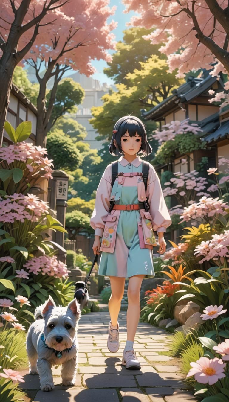 Baby Girl and Schnauzer in Sunlit Garden: 3D Anime Art