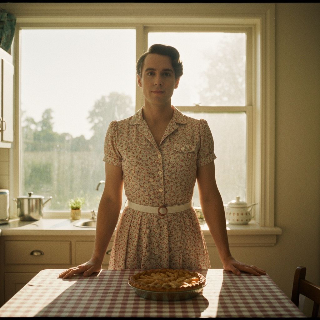 Man in 1950s Dress with Apple Pie, Cinematic Style