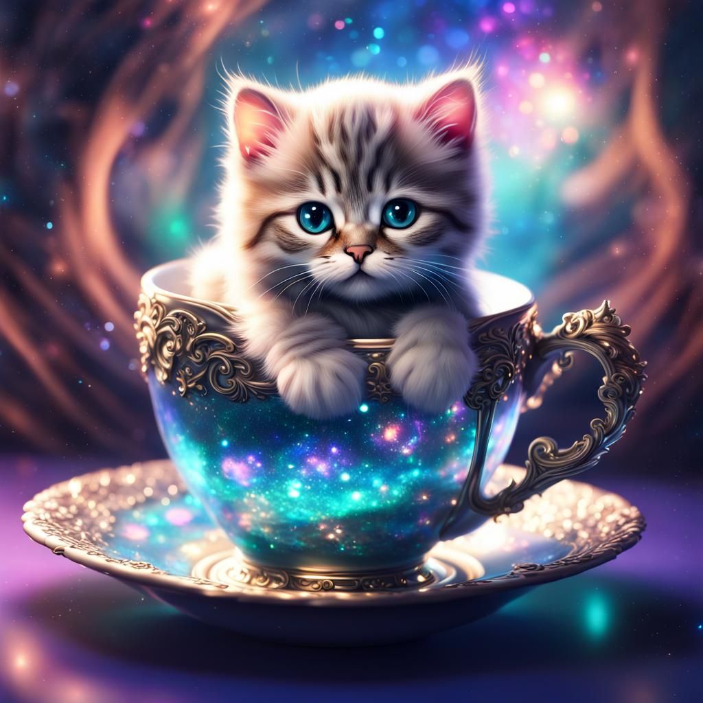 Chibi Cat in Teacup Shimmers in Space