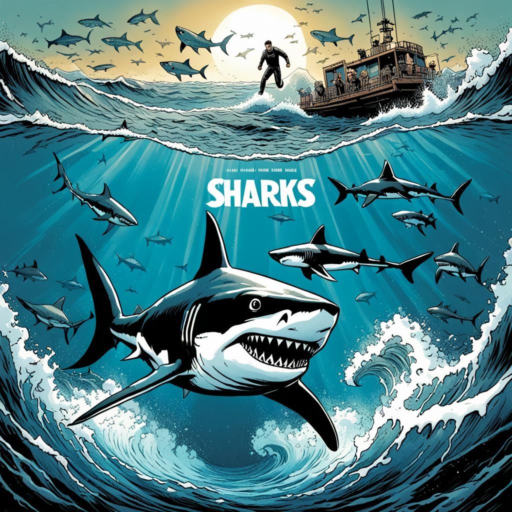 Fierce Shark Chase in Comic Book Art Style