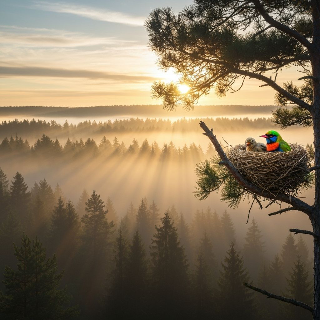Sunrise Forest Nest with Bird Family in Oil Painting