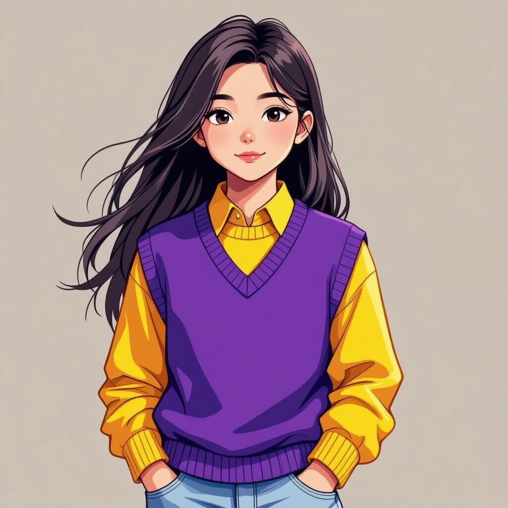 Asian Boy in Yellow Shirt & Purple Vest with Wrist Warmers