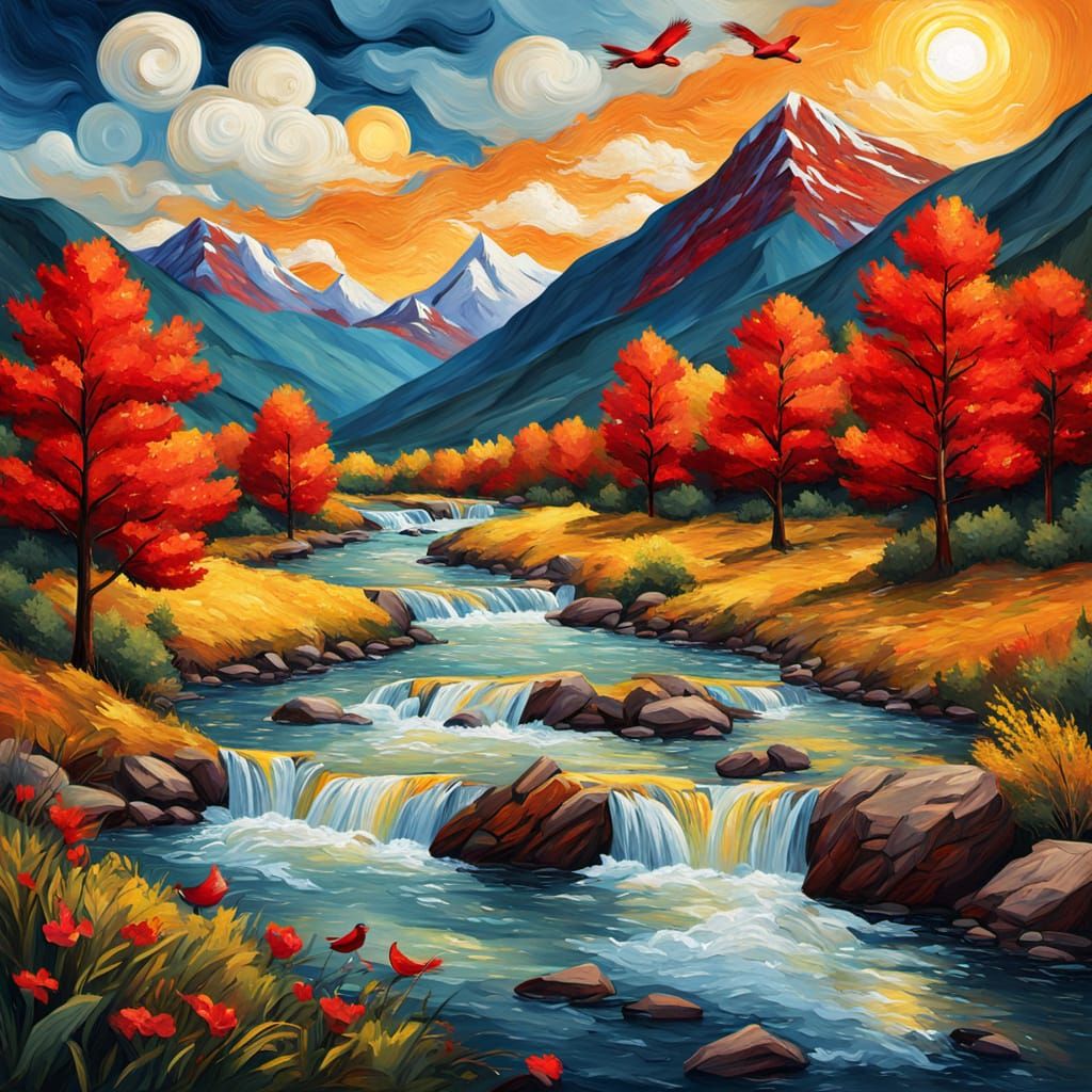 Mountain River Landscape Inspired by Van Gogh
