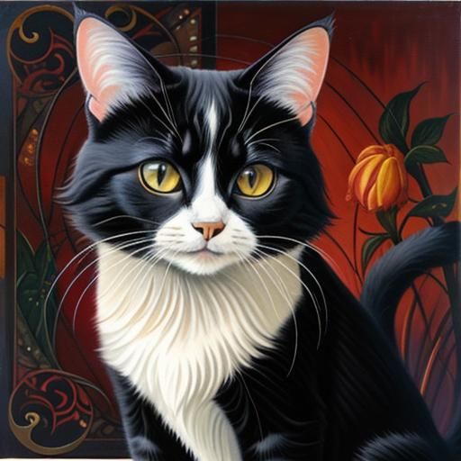 Colorful Cat in Art Nouveau Oil Painting