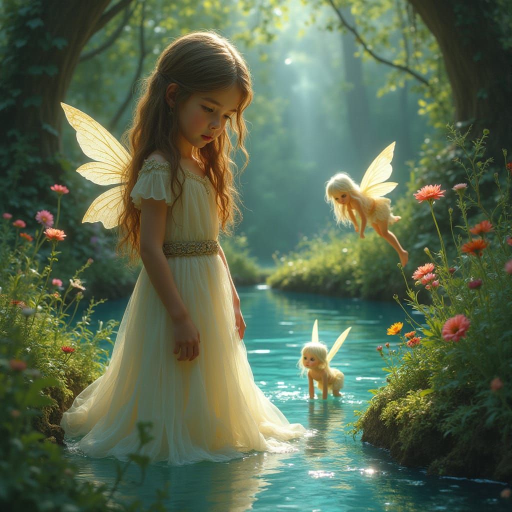Whimsical Girl Seeks Fairies in a Dreamlike Landscape