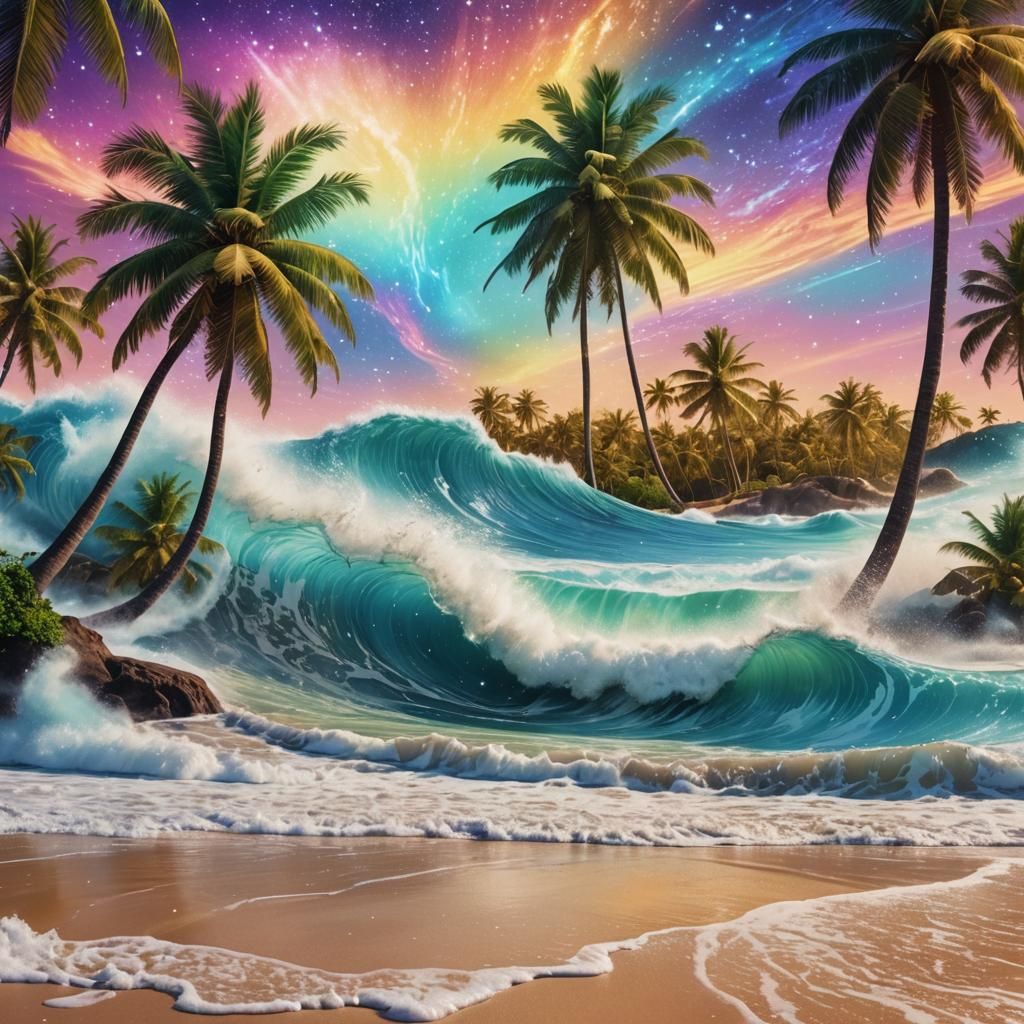 Beach Scene in Holographic Astral Cosmic Style