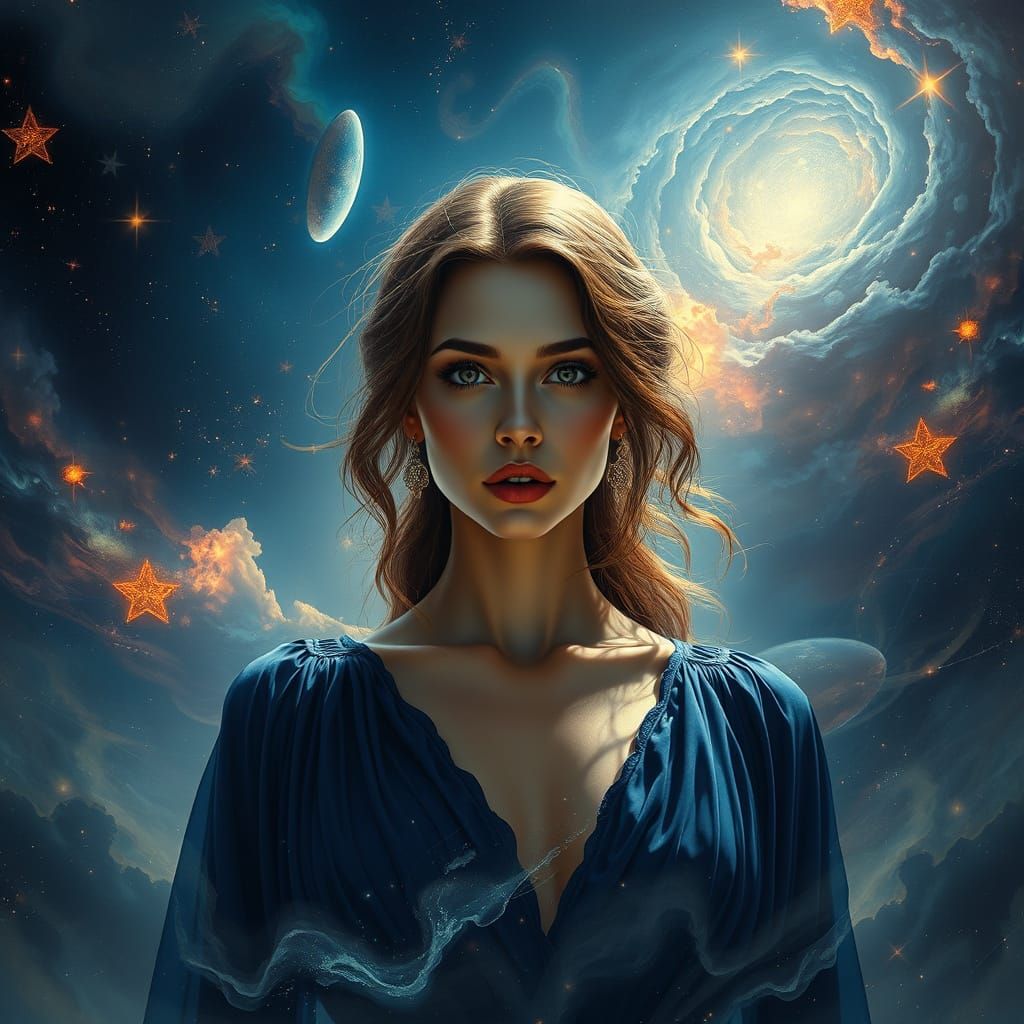 Cosmic Woman in Flowing Gown, Hyperrealistic Rendering