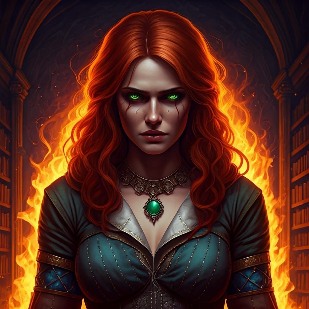 Triss Merigold: Sorceress Amidst Burning Library in Dark Fan...
