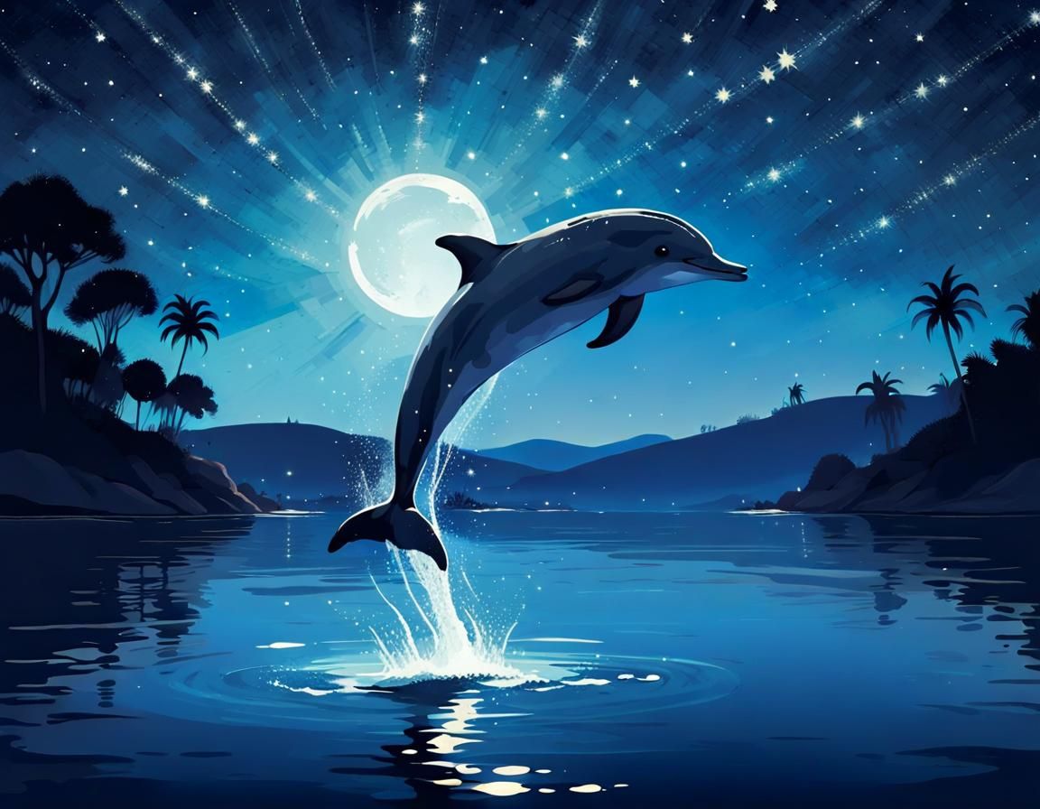 Dolphin Silhouette Leaping Under Starry Night Sky