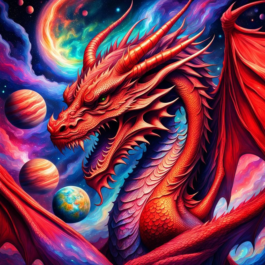 Red Dragon in a Beautiful Galaxy: Astral Illustration