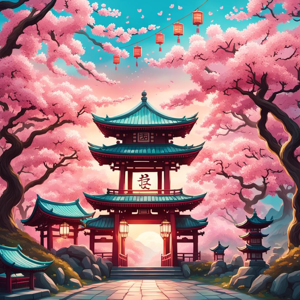 Fantasy Shrine with Cherry Blossoms in Dreamlike Style