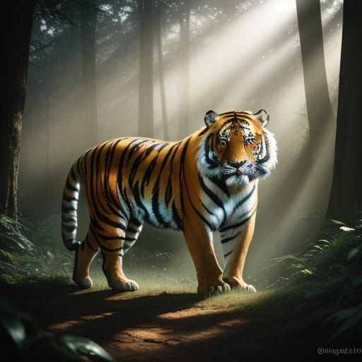 Surreal Tiger Emerges from Sunlit Forest