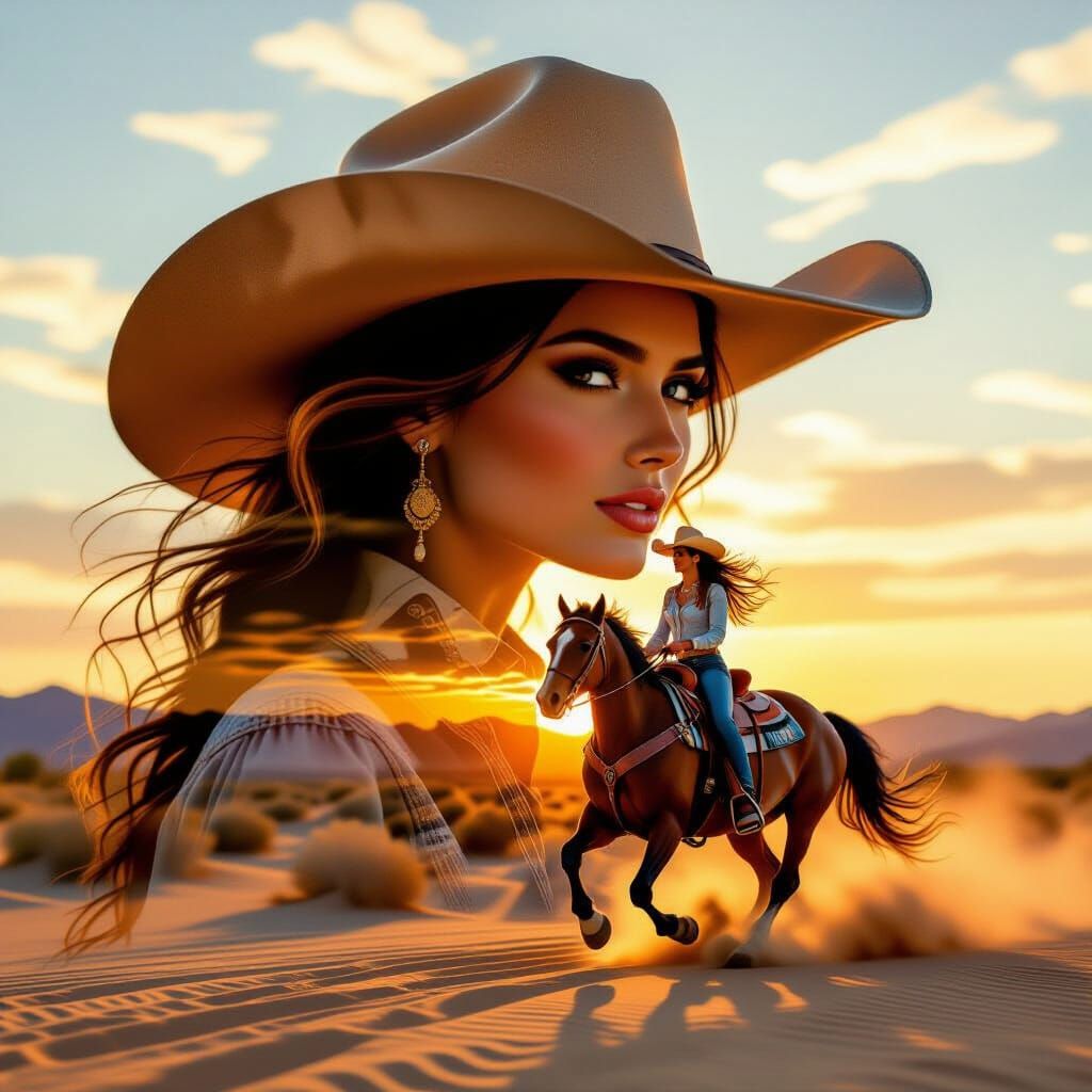 Cowgirl and Cowboy Hat Double Exposure in Desert Sunset