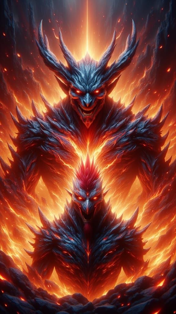 Laughing Devil Guards Fiery Chicken in Anime Style