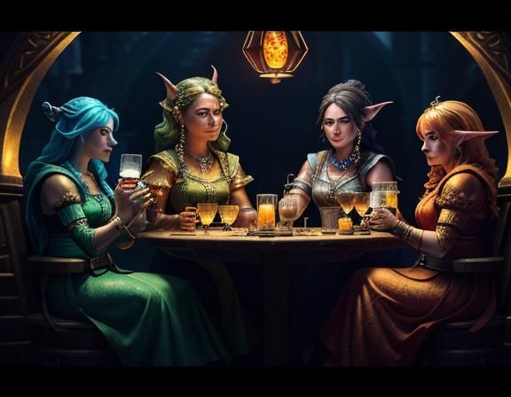 Gnome Spellcasters in Dimly Lit Tavern: Digital Matte Painti...