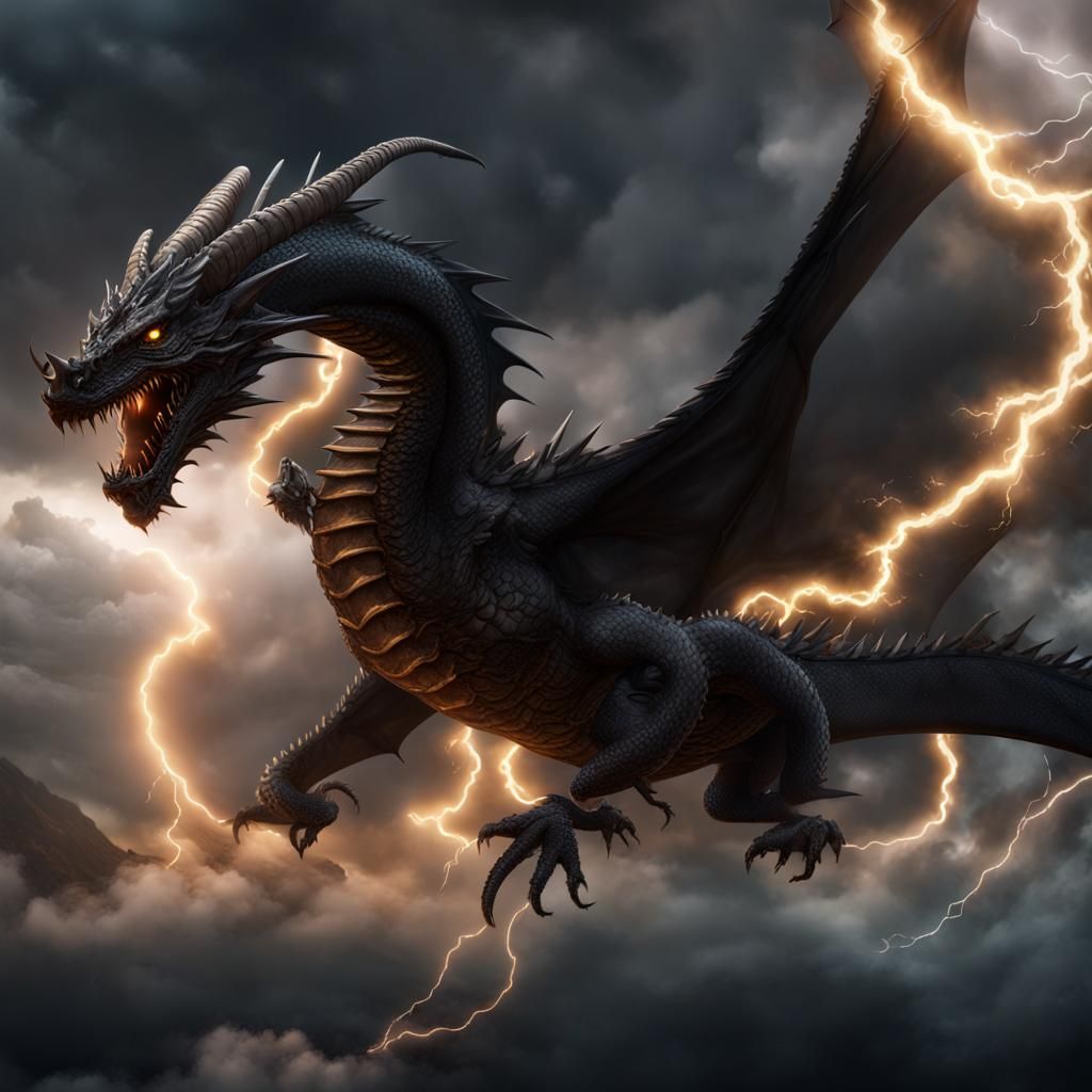 Black Dragon Ascends Through Lightning Storm