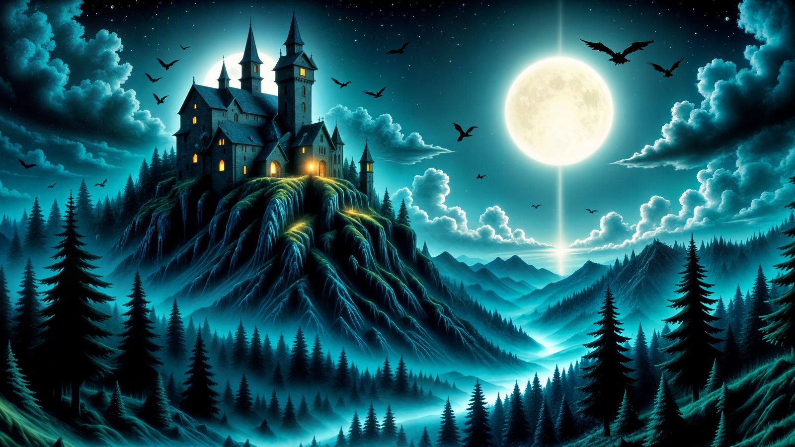 Ruined Castle in Dark Fantasy Landscape