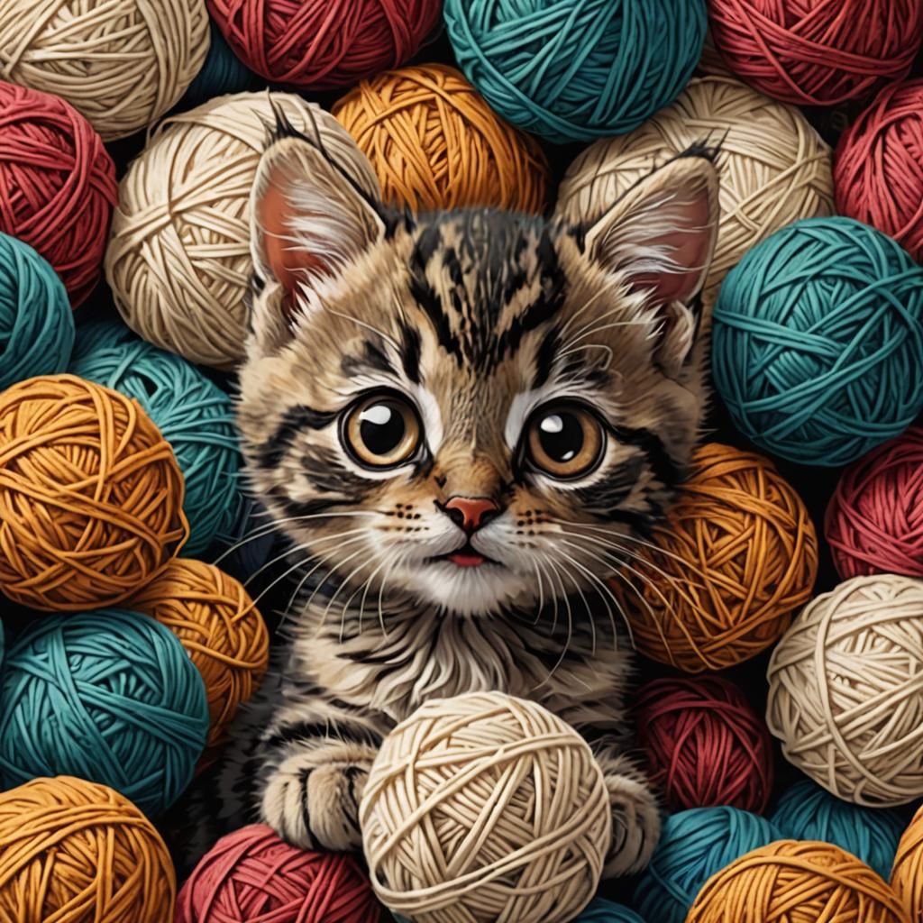 Happy Kitten with Yarn Ball Cartoon