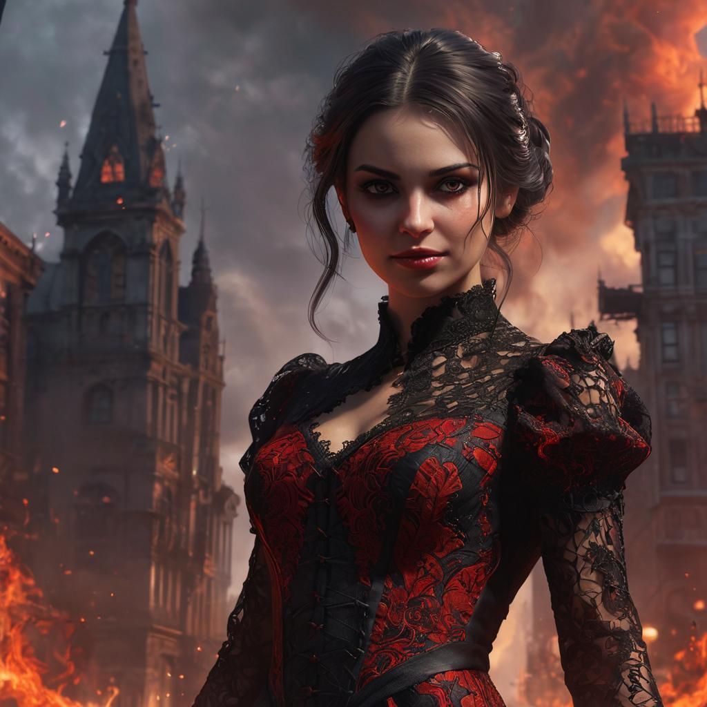 Smiling Vampire Girl in Burning Cityscape