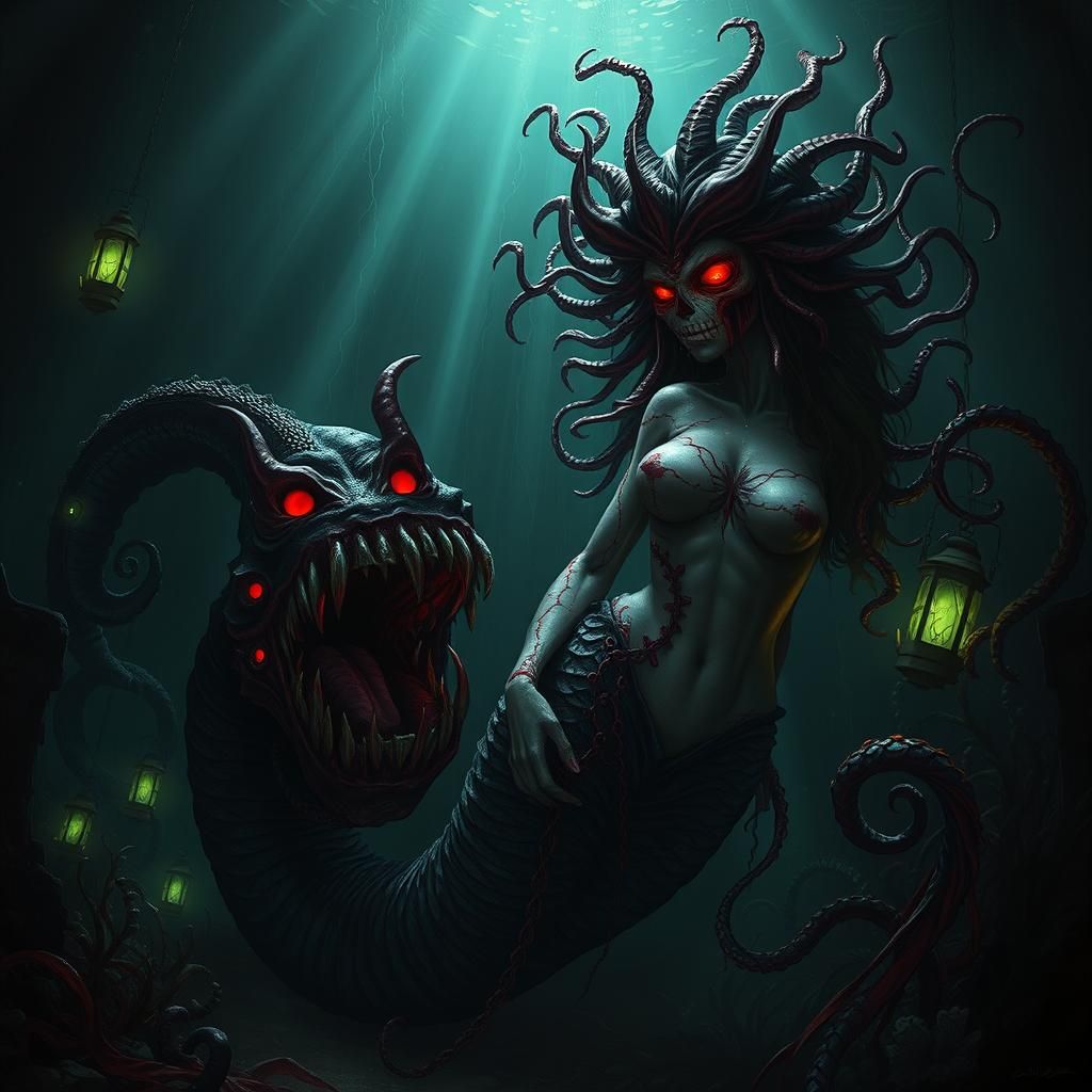 Grotesque Mermaid in Eerie Underwater Graveyard