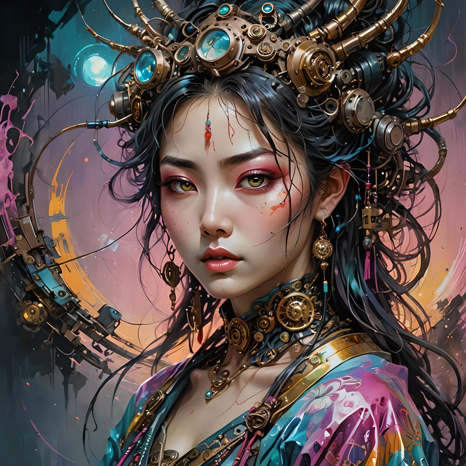 Psychedelic Cyberpunk Japanese Goddess Digital Painting