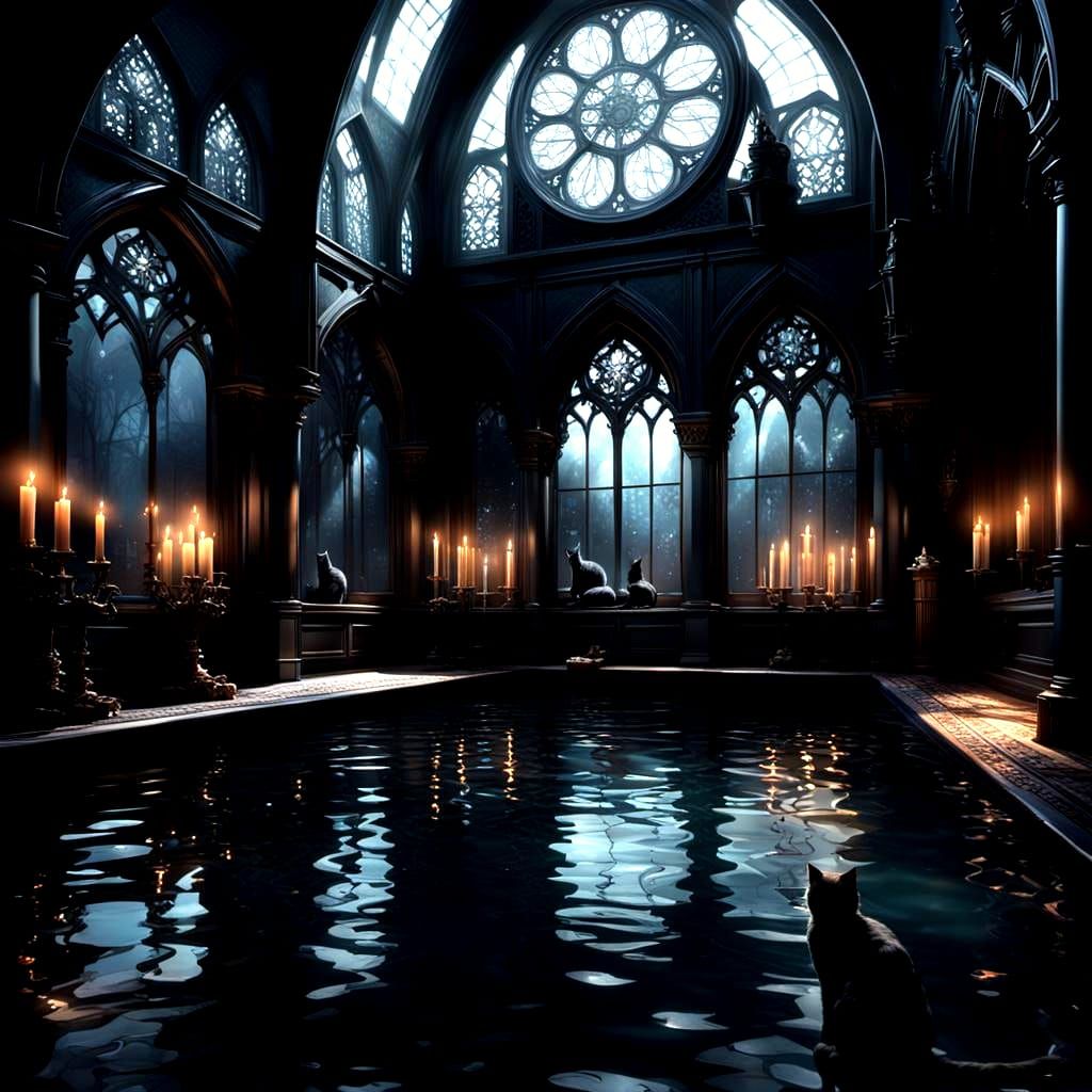 Victorian Gothic Swimming Pool with Black Cats