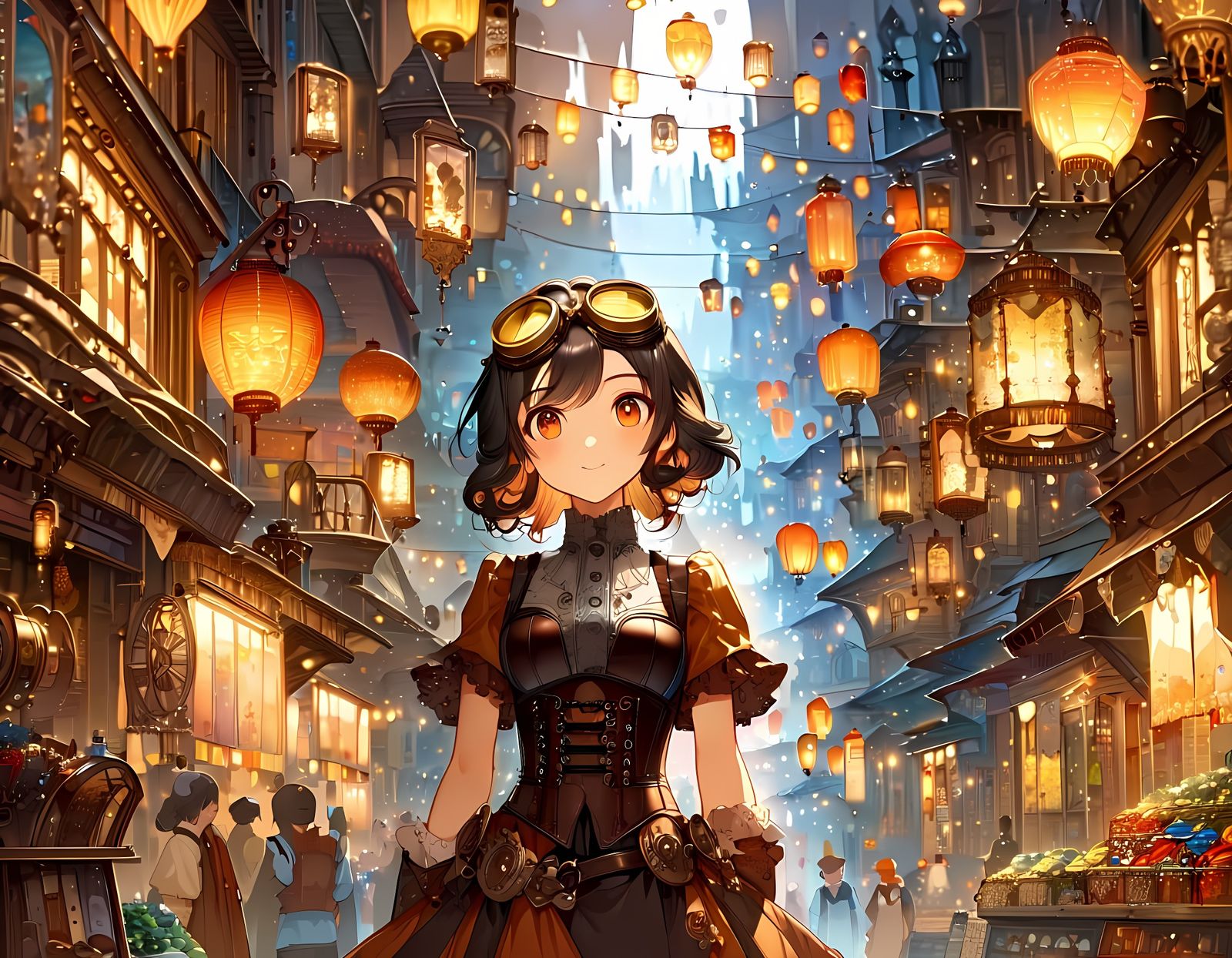 Anime Woman Shopping in Steampunk Market