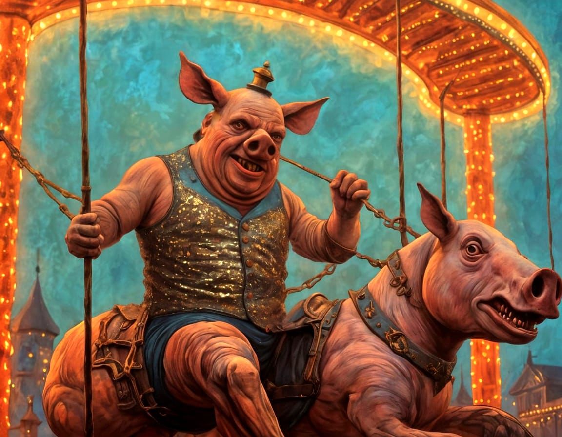 Macabre Pig-Man Rides Carousel Horse