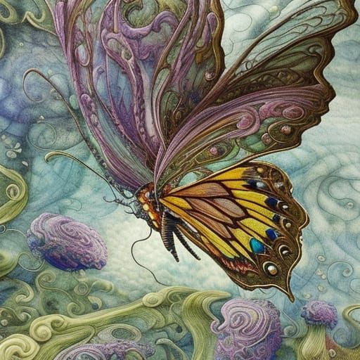 Swirly Butterfly Cloudscape in Detailed Gouache Style