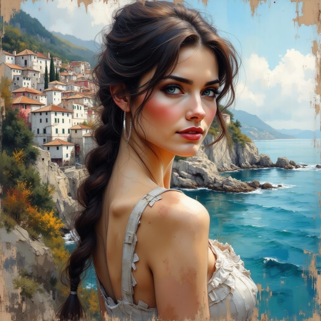 Woman on Cliffs Overlooking Spanish Town, Ink Drip Style