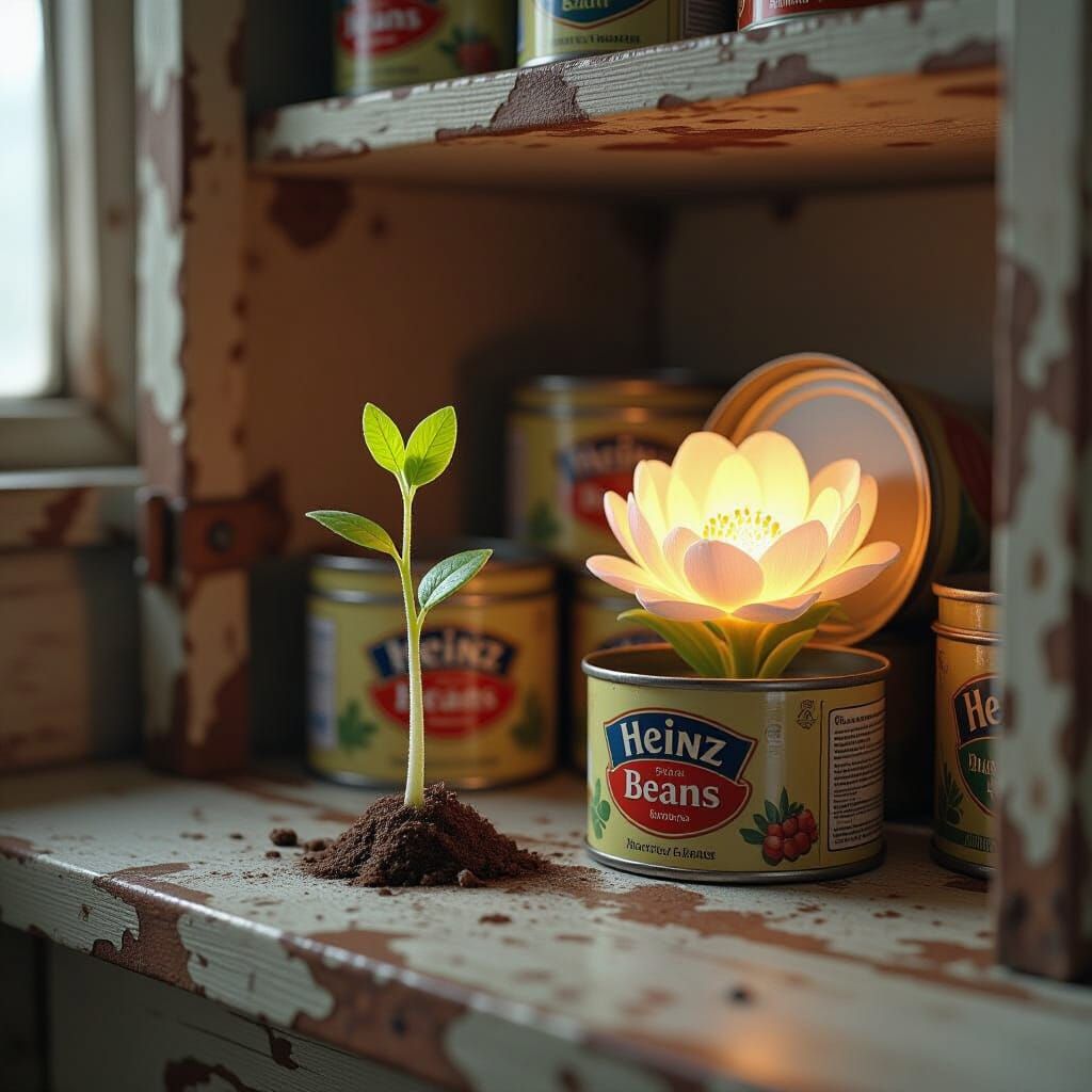 Glowing Mushroom Emerges in Whimsical Rustic Kitchen