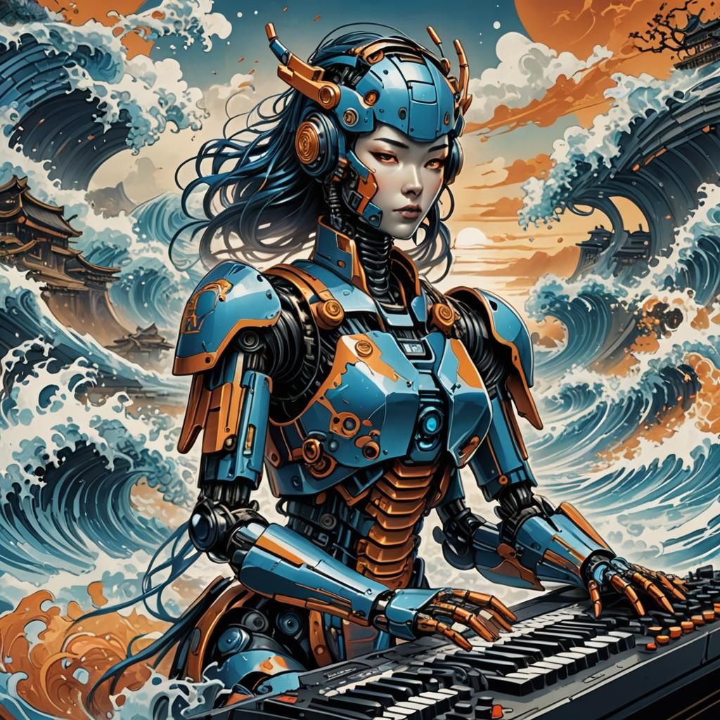 Robotic Musician Rides Tsunami Wave in Comic Book Art